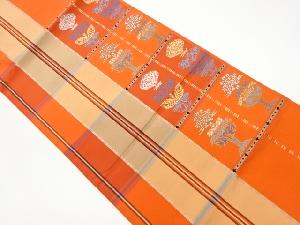 格子に草花模様織出し開き名古屋帯（額縁仕立て）